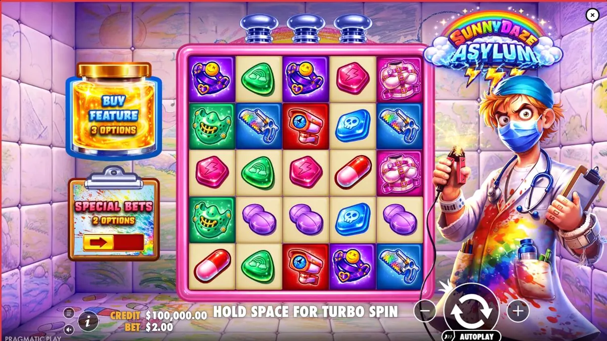 Interface colorida e neon do slot Sunnydaze Asylum com símbolos de terror e estilo psicodélico.