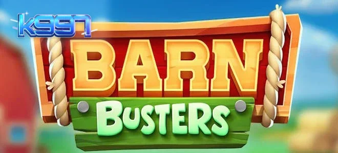 Cena vibrante e humorística do jogo de slot Barn Busters com ovelhas e um lobo